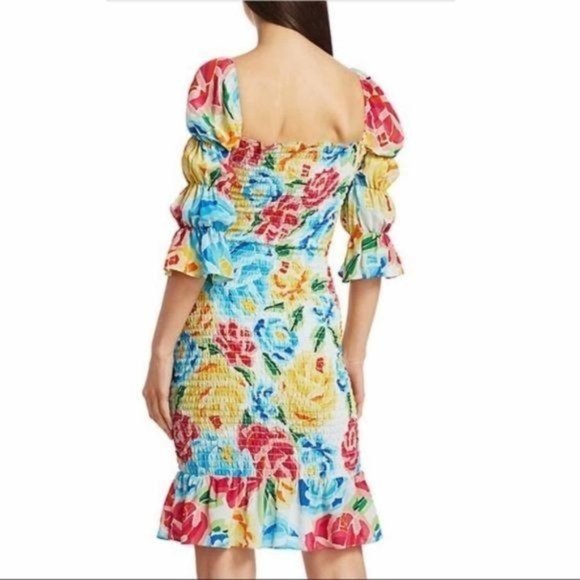 ALL THINGS MOCHI MARIANA FLORAL SHIRRED SILK RUFFLE PUFF 3/4 SLEEVE BODYCON DRES - Picture 2 of 9